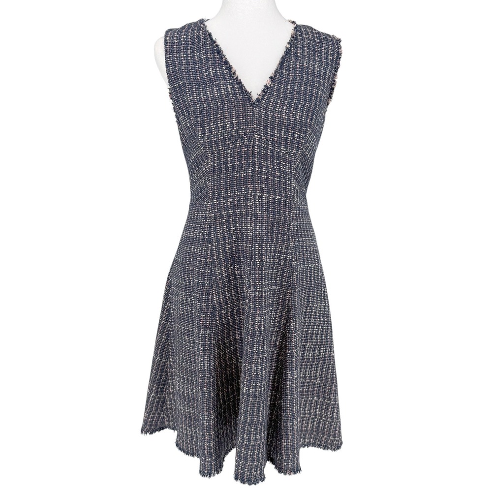Rebecca Taylor Tweed Fit Flare Dress Size 4 Navy Pink Frayed V-Neck Sleeveless